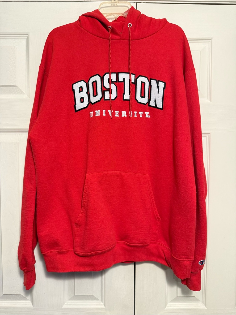 Champion Red Boston University Hoodie with White Lettering